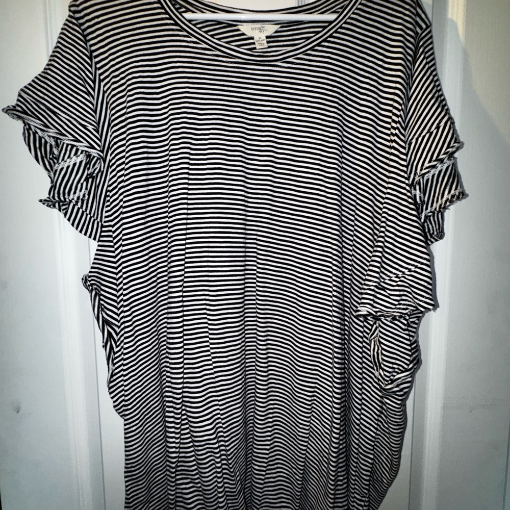 Terra & Sky Black and White Striped Ruffle Sleeve Tee